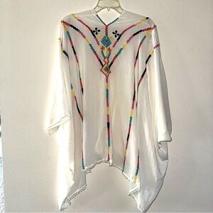 TART Embroidered White Draped light Poncho Shawl or Swim coverup OS